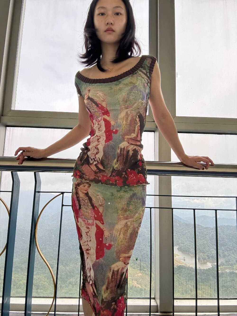 jean paul gaultier Indian painting print green dress off shoulder